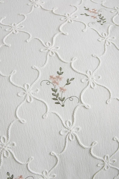 Pinkrose Nakışlı Şönil 2 Parça Tek Kişilik Yatak Örtüsü Krem - Resim 6