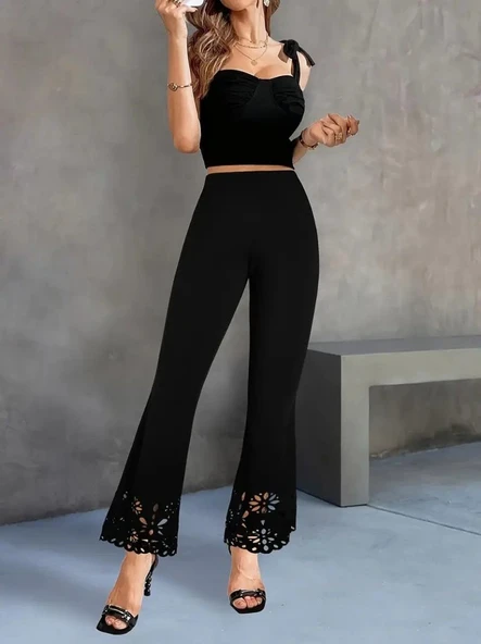 Kadın Yüksek Bel Paçaya Doğru Genişleyen Lazer çiçek Kesim Detaylı Ithal Krep Pantolon - Resim 2