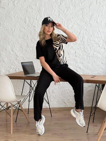 Kadın Bisiklet Yaka Kısa Kol Leopar Desen Bluz Ve Pantolon Ikili Takım ürün görseli