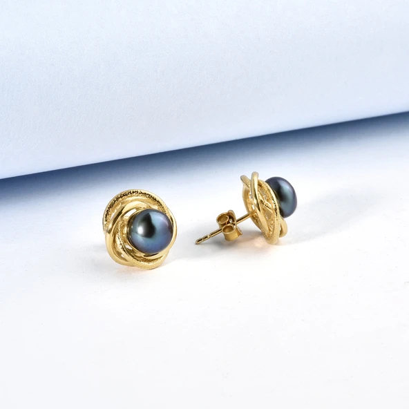 925 Ayar Gümüş Altın Kaplama Tahitian Siyah İnci Detaylı Çivi Küpe - EP00139 ürün görseli 1