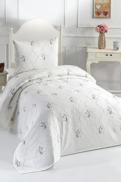 Pinkrose Nakışlı Şönil 2 Parça Tek Kişilik Yatak Örtüsü Krem ürün görseli