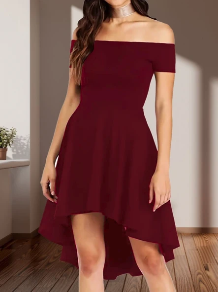 Kadın Kısa Kollu Madonna Yaka önü Kısa Arkası Uzun Ithal Krep Elbise - Resim 2