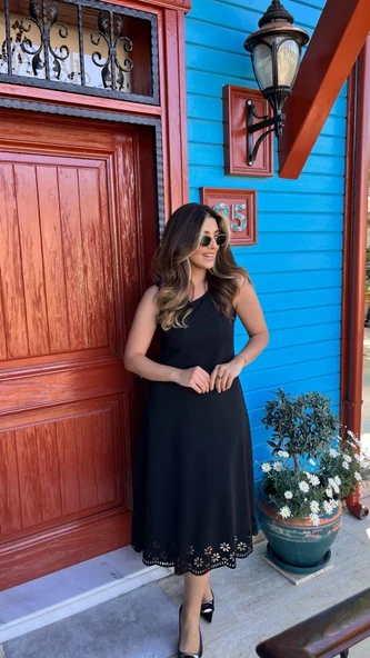 Kadın Kolsuz Etek Ucu Lazer Kesim çiçek Desenli Midi Boy Janjan Krep Elbise - Resim 4