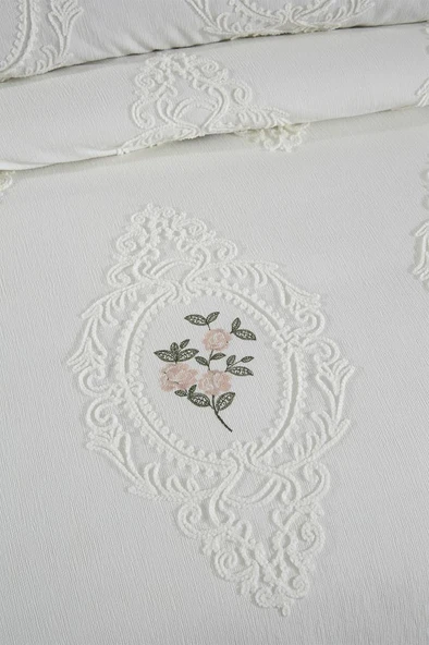 Gardenlove Nakışlı Şönil 3 Parça Çift Kişilik Yatak Örtüsü Krem - Resim 3