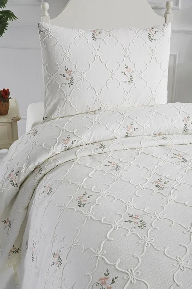 Pinkrose Nakışlı Şönil 2 Parça Tek Kişilik Yatak Örtüsü Krem - Resim 4