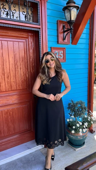 Kadın Kolsuz Etek Ucu Lazer Kesim çiçek Desenli Midi Boy Janjan Krep Elbise - Resim 5