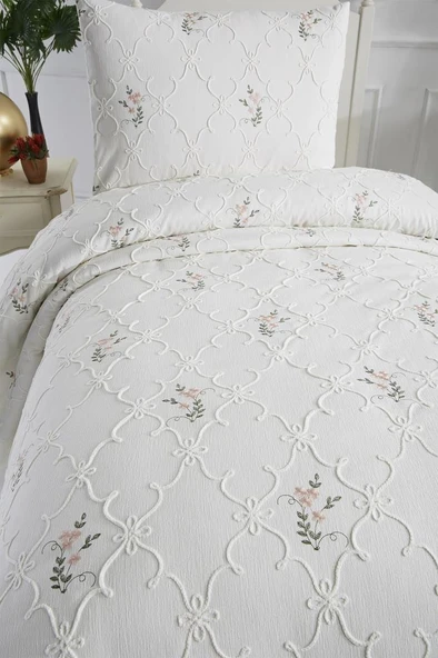 Pinkrose Nakışlı Şönil 2 Parça Tek Kişilik Yatak Örtüsü Krem - Resim 7