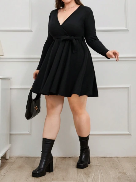 Kadın Uzun Kollu Kruvaze Yaka Kuşak Detay Salaş şardonlu Kaşkorse Mini Elbise - Resim 4