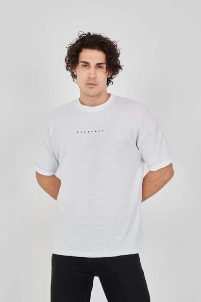 Unisex Jakar Kumaş Rahat Kol T-Shirt - Beyaz - Resim 2