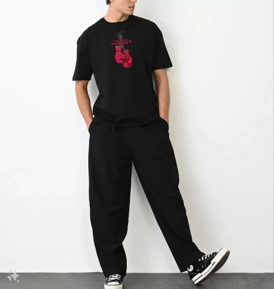 Unisex Bisiklet Yaka Baskılı Oversize T-Shirt - Siyah ürün görseli