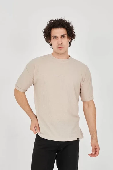 Unisex Waffle Kumaş Rahat Kol T-Shirt - Bej - Resim 2