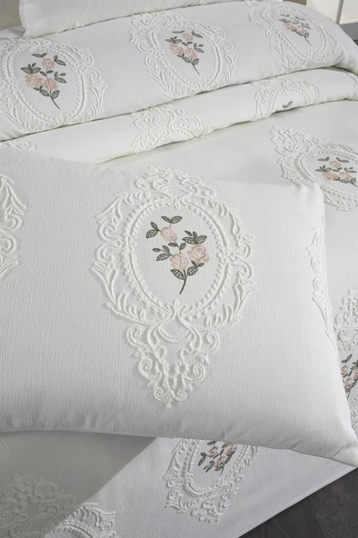 Gardenlove Nakışlı Şönil 3 Parça Çift Kişilik Yatak Örtüsü Krem - Resim 5