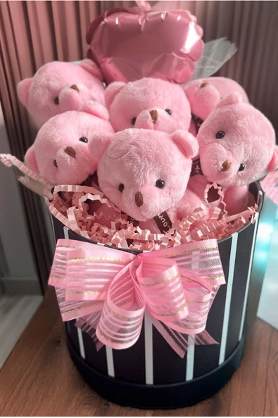 Premium Silindir Hediye Kutusunda, Kalpli Balonlu 6’lı Pembe Ayıcık Buketi ürün görseli