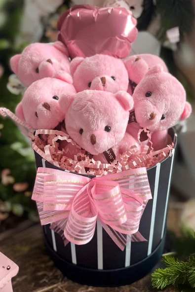 Premium Silindir Hediye Kutusunda, Kalpli Balonlu 6’lı Pembe Ayıcık Buketi - Resim 4