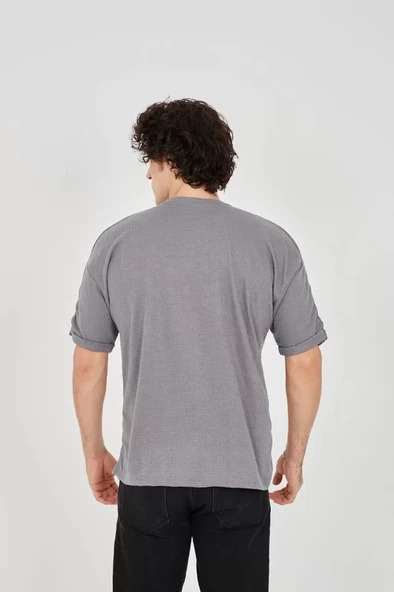 Unisex Jakar Kumaş Rahat Kol T-Shirt - Gri - Resim 3