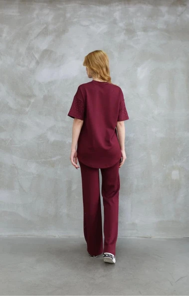 Osy Modal Yumuşak Dokulu Kumaş Bisiklet Yaka Taş Detaylı Kısa Kollu Takım - Bordo - Resim 2