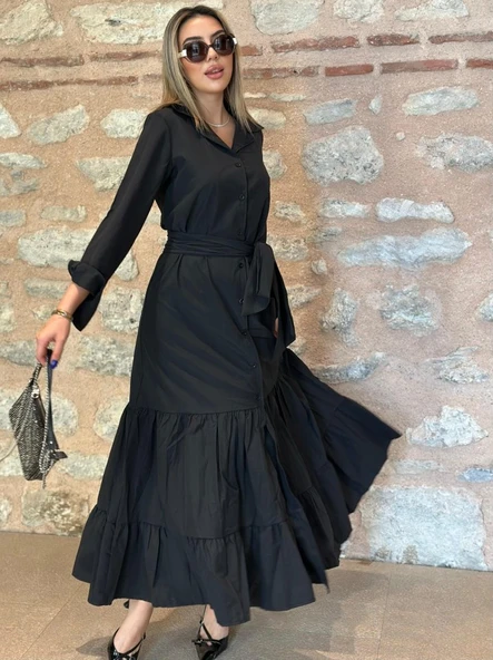 Kadın Uzun Kollu Eteği Fırfırlı Beli Kuşaklı Trikoton Tam Boy Gömlek Elbise - Resim 3