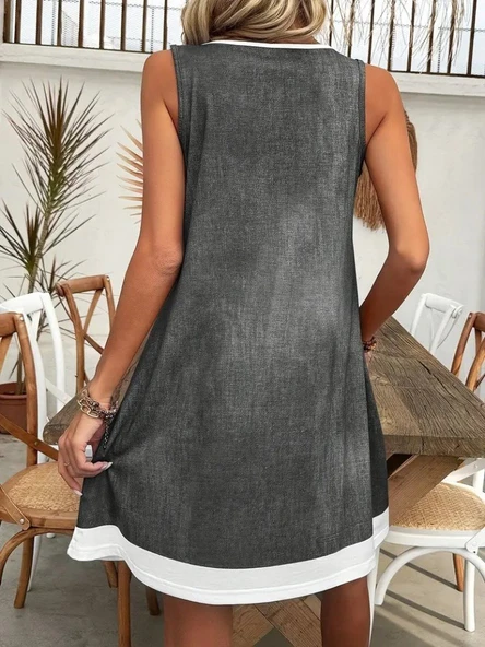 Kadın Askılı Yuvarlak Yakalı Kot Görünümlü Kısa Süprem Elbise - Resim 4