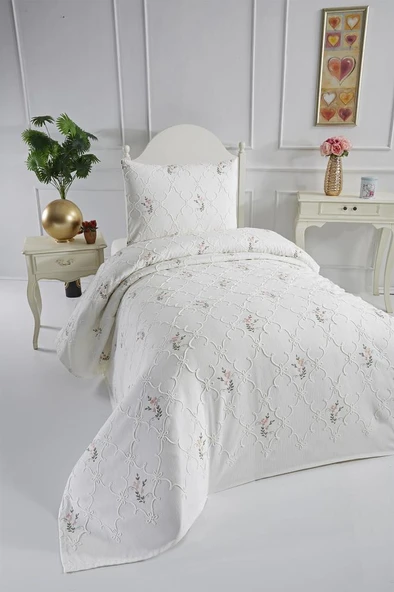 Pinkrose Nakışlı Şönil 2 Parça Tek Kişilik Yatak Örtüsü Krem - Resim 2