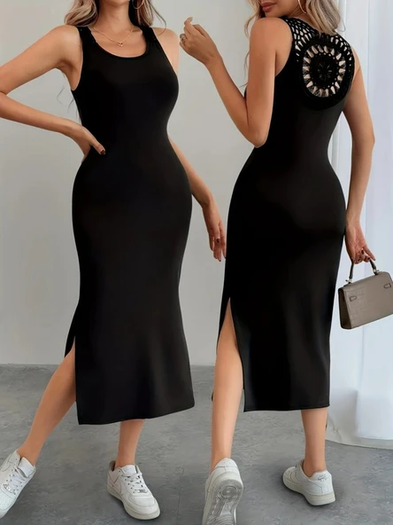 Kadın Askılı Yuvarlak Yakalı Yandan Yırtmaçlı Arkası Dantel Detaylı Viskon Elbise ürün görseli