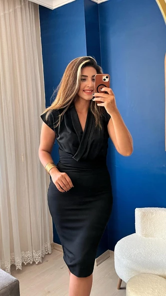 Kadın Kısa Kollu Kruvaze Yaka Krep Elbise (Kemersiz) - Resim 3