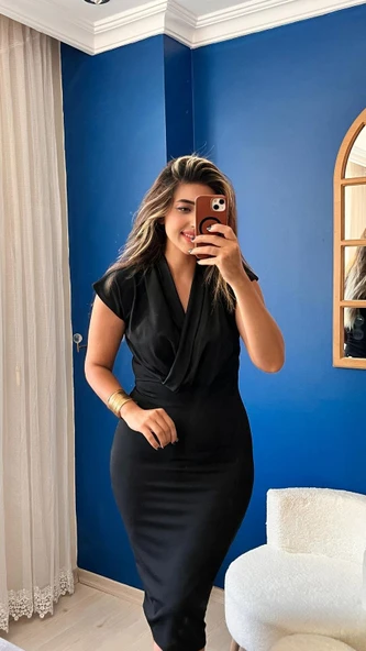 Kadın Kısa Kollu Kruvaze Yaka Krep Elbise (Kemersiz) ürün görseli