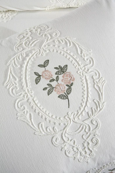 Gardenlove Nakışlı Şönil 3 Parça Çift Kişilik Yatak Örtüsü Krem - Resim 6