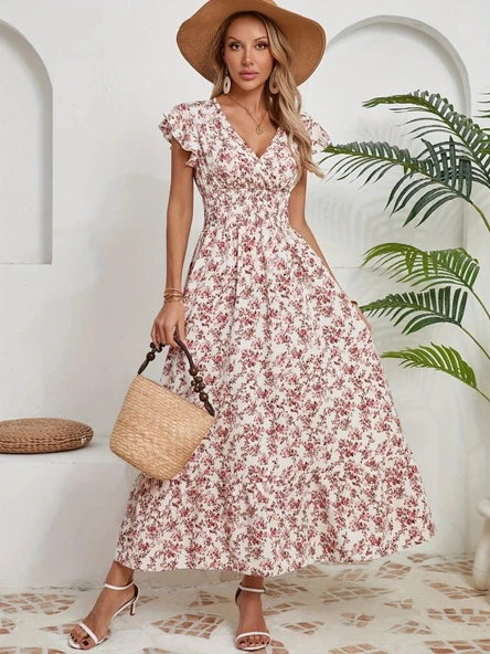 Kadın Kısa Kollu Kruvaze Yaka Beli Lastikli çiçek Desenli Elbise - Resim 3