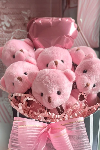 Premium Silindir Hediye Kutusunda, Kalpli Balonlu 6’lı Pembe Ayıcık Buketi - Resim 5