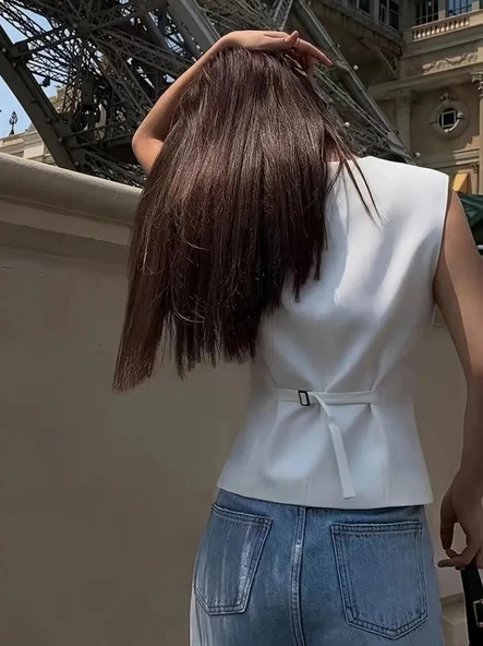 Kadın Sıfır Kollu önden Düğmeli Atlas Yelek - Resim 3