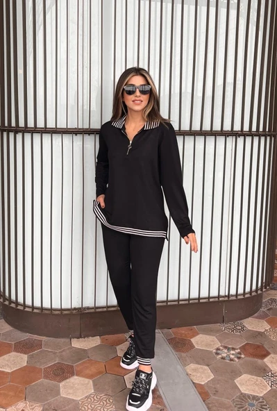 Kadın Uzun Kollu Ribana Ve Fermuar Detay Bluz Ve Yüksel Bel Pantolon 2li Takım - Resim 2