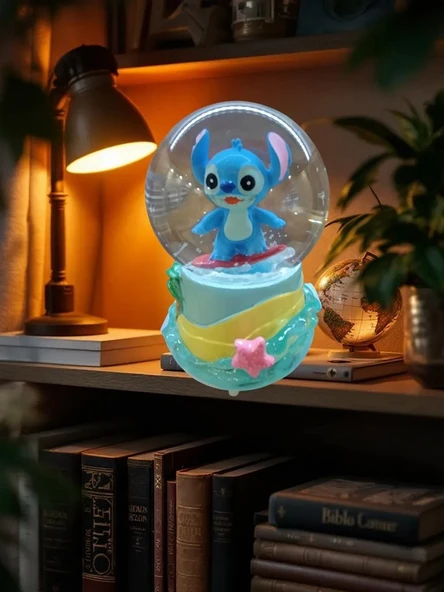 Işıklı Püskürtmeli 10cm-8cm -mavi renk ( sarı altlık) Stitch Kar küre - Resim 8