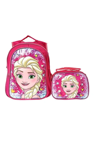 Kız Çocuk Full Pembe Tek Elsa Figürlü ilkokul Anaokulu Beslenme Ve Okul Çantası Seti