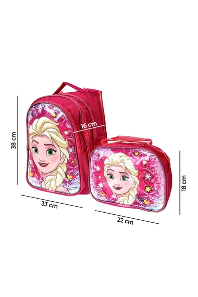 Kız Çocuk Full Pembe Tek Elsa Figürlü ilkokul Anaokulu Beslenme Ve Okul Çantası Seti - 6