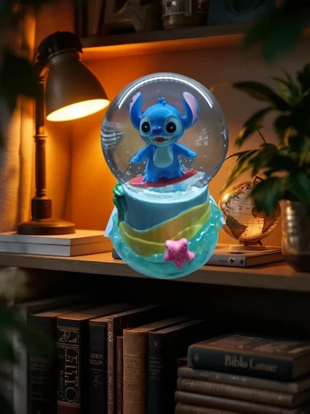 Işıklı Püskürtmeli 10cm-8cm -mavi renk ( sarı altlık) Stitch Kar küre - Resim 5