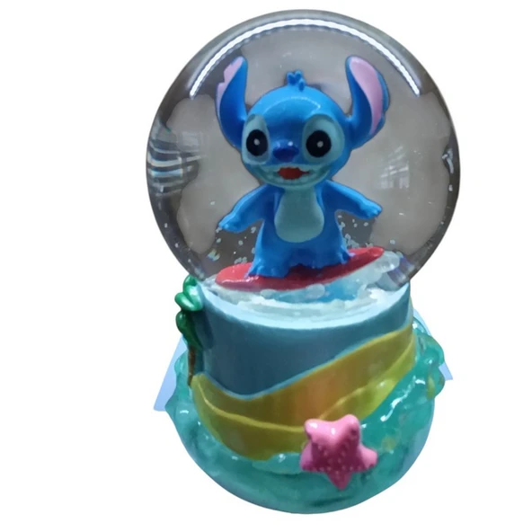 Işıklı Püskürtmeli 10cm-8cm -mavi renk ( sarı altlık) Stitch Kar küre - Resim 9