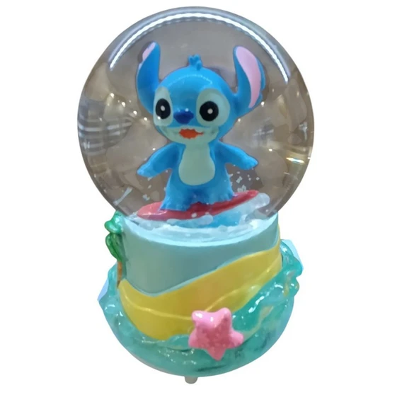 Işıklı Püskürtmeli 10cm-8cm -mavi renk ( sarı altlık) Stitch Kar küre - Resim 3