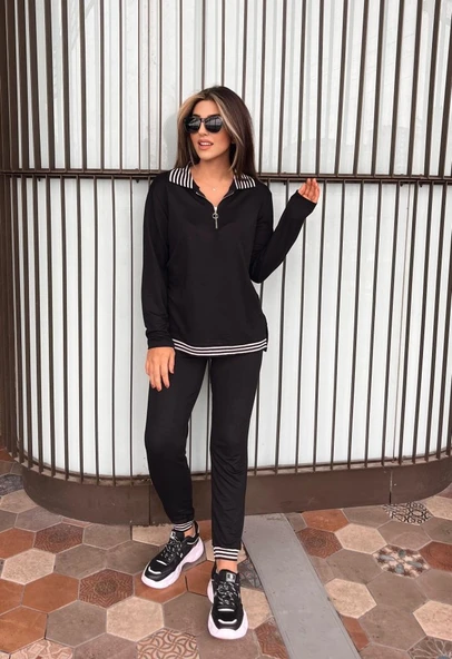 Kadın Uzun Kollu Ribana Ve Fermuar Detay Bluz Ve Yüksel Bel Pantolon 2li Takım ürün görseli