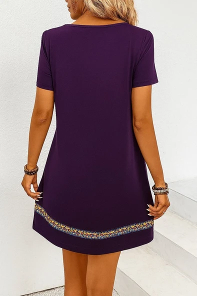 Kadın Kısa Kollu V Yakalı Etnik Desen şerit Detaylı Viskon Elbise - Resim 3