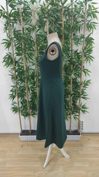 Kadın Askılı Kare Yakalı Midi Ithal Krep Elbise - Resim 8