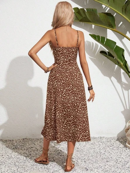 Kadın Ip Askılı Geniş V Yaka Bağcıklı Yandan Yırtmaçlı çiçek Desenli Midi Süprem Elbise - Resim 5