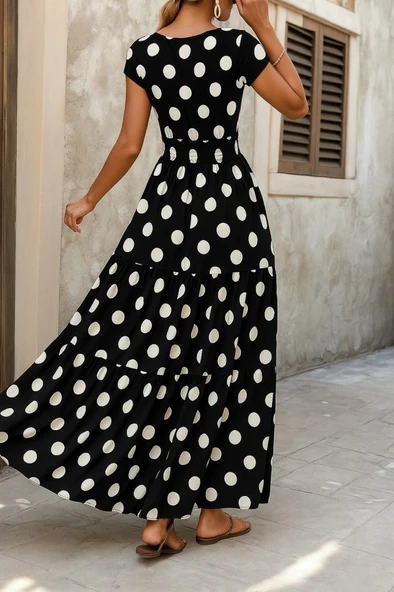 Kadın Kısa Kollu Kruvaze Yaka Beli Lastikli Süprem Maksi Boy Elbise - Resim 2