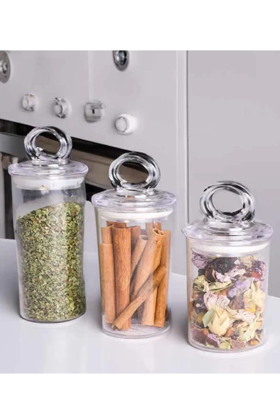 3 lü Baharatlık Kavanozu Seti - Şeffaf Akrilik Vakumlu Kapak Baharat Saklama Kabı Takımı ürün görseli 1
