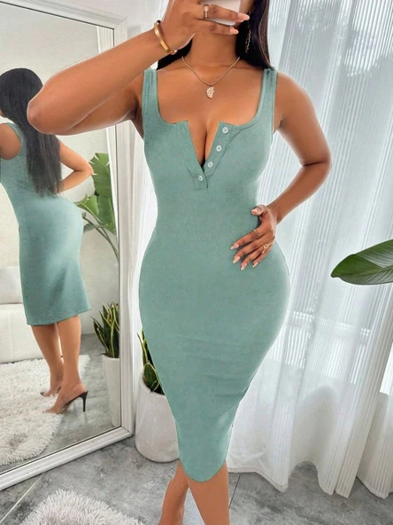 Lucky Life Kadın Askılı önü Düğmeli Midi Kaşkorse Elbise - Resim 2