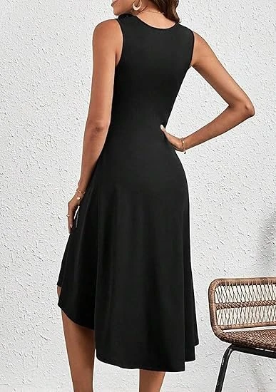 Kadın Sıfır Kollu Bisiklet Yaka Büzgülü Asimetrik Kesim Detaylı Janjan Krep Elbise - Resim 6