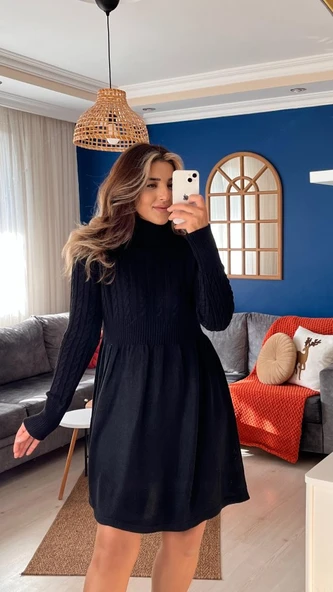 Kadın Uzun Kollu Balıkçı Yaka Belden Yaka Belden Büzgülü Kısa Triko Elbise - Resim 2