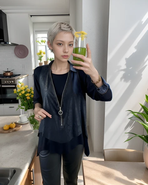 Kadın Uzun Kol Asimetrik Kesim Viskon Bluz Ve çatlak Deri Görünümlü Fermuar Detaylı Yelek Ikili Takım - Resim 3