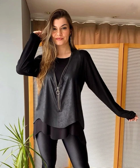 Kadın Uzun Kol Asimetrik Kesim Viskon Bluz Ve çatlak Deri Görünümlü Fermuar Detaylı Yelek Ikili Takım - Resim 4