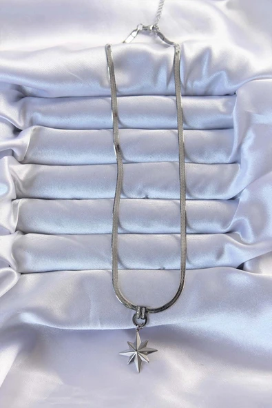 316L Çelik Gümüş Renk Zirkon Taşlı İtalyan Zincirli Kutup Yıldızı Kolye - 2