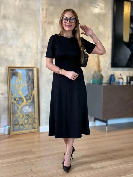 Kadın Kısa Kollu Bisiklet Yaka Midi Viskon Iki Iplik Elbise - Resim 2